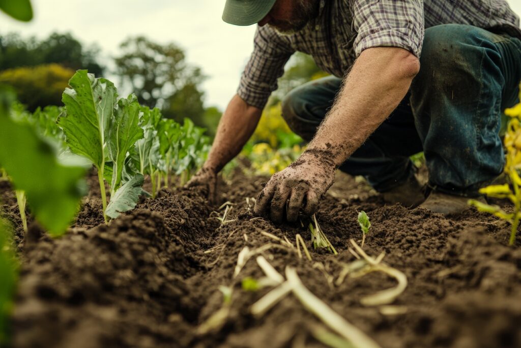 Farmer gardening and planting in the soil.